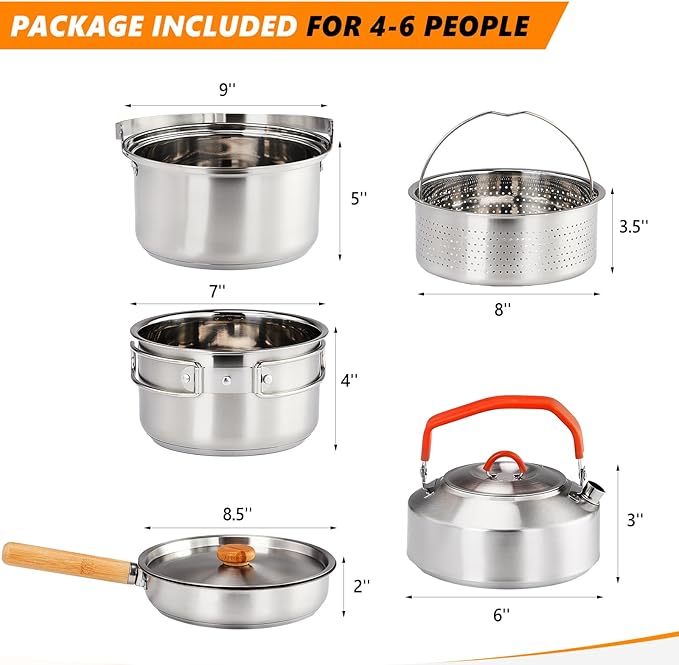 Bonnlo Camping Cookware Set Lightweight Stainless Steel Nesting Cooking Mess Kit with Carrying Bag for 4-6 Campfire CookingCamp Kitchen Outdoor