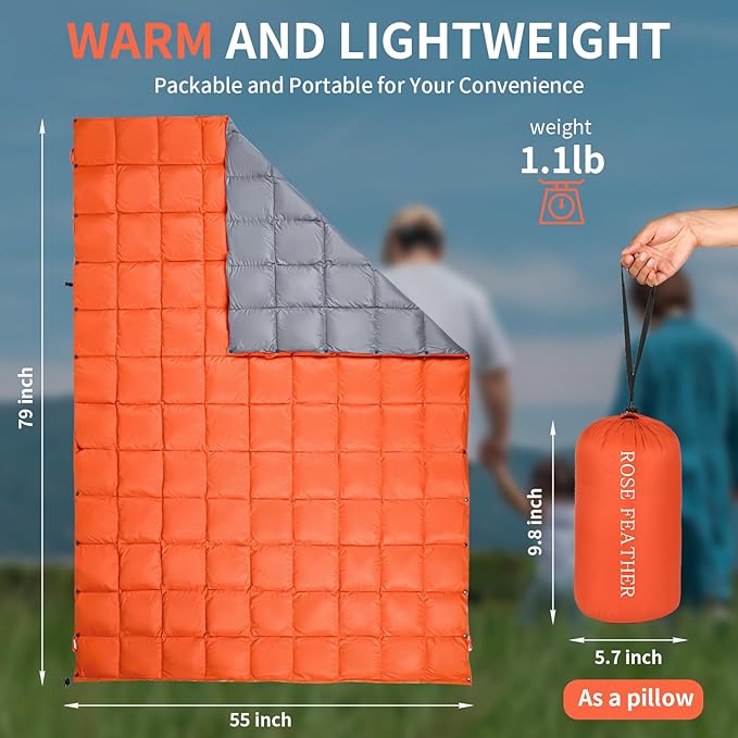 Down Camping Blanket - Lightweight Packable Warm &amp Puffy Outdoor Travel Quilt for Sleep Hiking Backpacking Stadium Festivals Water-Resistant Sleeping Bag 55x79