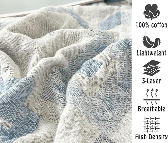 ITFRO Boho Cooling 3 Layer Cotton Muslin Blanket for Hot Sleepers Twin Size 60x80 Inches Lightweight Breathable Reversible Summer Camping Blanket All Seasons for Couch Sofa Bed (Boho Blue 60x80)