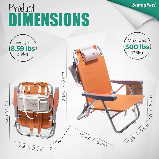 SUNNYFEEL Low Beach Chair 5 Position Lay Flat Portable Folding Backpack Beach Chairs Heavy Duty with Cooler Bag Cup Holder for Outdoor/Lawn/Trip/Picnic/Fishing Foldable Camping Chair