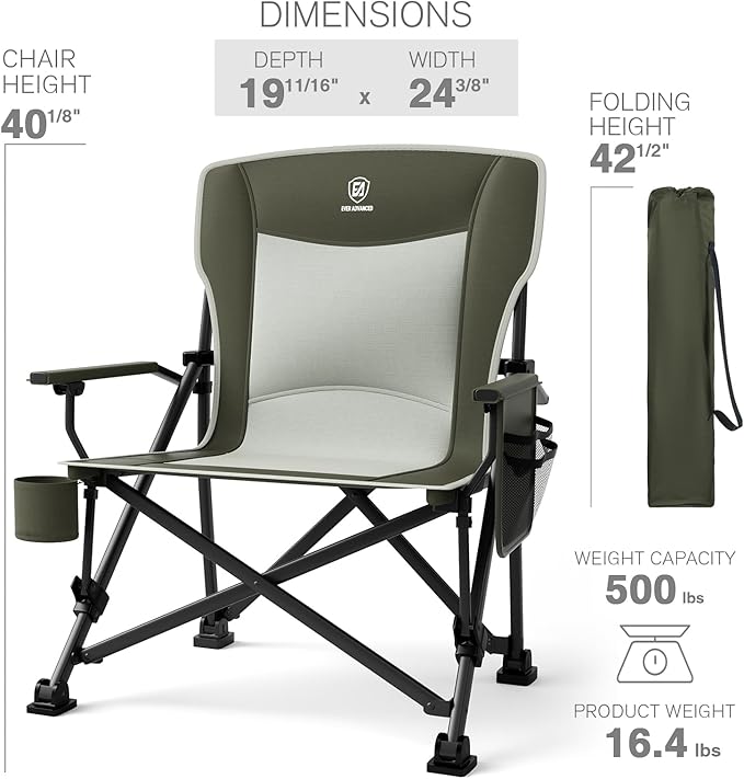 EVER ADVANCED Oversized Folding Camping Chair for Adults Heavy Duty Lawn Chair with Side Pockets Portable Collapsible Quad Chair for Outside Support Up to 500lbs Green