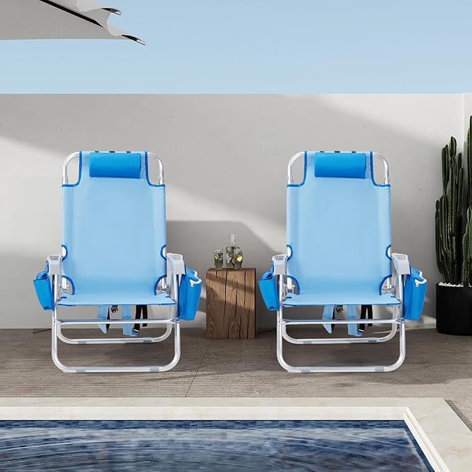 VINGLI Backpack Beach Chair 2 Pack with 5-Position Cup Holders Cooler Bag Towel Bar Lightweight Folding Beach Camping Chairs for Adults(Blue-13)