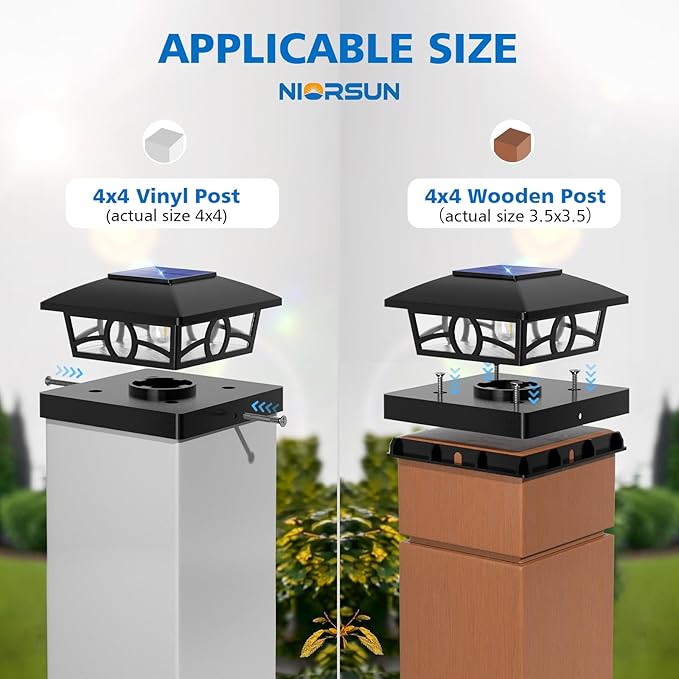 NIORSUN Solar Post Lights Outdoor Fence Post Solar Lights Warm White Outdoor Waterproof Edison LED Bulbs Garden Patio Fence Deck Decor Post Cap Lights 4x4 Wood Vinyl Black 8 Pack
