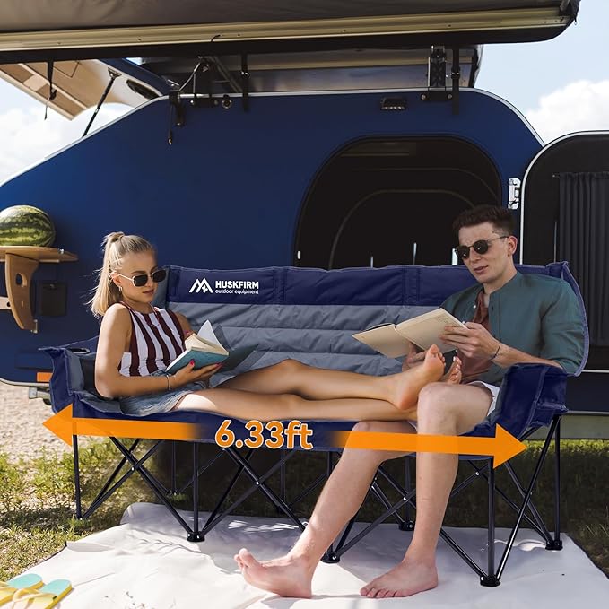 3 Person Camping Chairs Folding Double Camping Chair Portable Oversized Loveseat Padded Camp Chair Heavy Duty Camping Couch for Adults Outdoor Lawn with Two Cup Holders and Carry Bag Blue