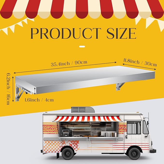 Stainless Steel Folding Shelf Wall Mounted Commercial Concession Serving Shelf for Food Truck Trailer Window Kitchen Restaurant Garage Utility Room(12x35)