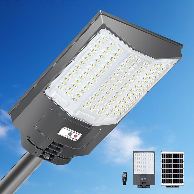 8500W Solar Street Lights Outdoor 550000LM 7000K Solar Parking Lot Lights Dusk to Dawn 35000mAh IP67 Waterproof Pole Security Flood Lamps with Motion Sensor and Remote for Yard Garage Driveway