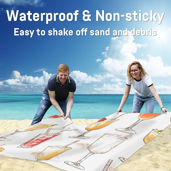 Waterproof Sandproof Beach Blanket 59''×68'' Food Fruit Juice Polyester Outdoor Picnic Blanket with 4 Stakes &amp Storage Bag for BeachCampingVacation White