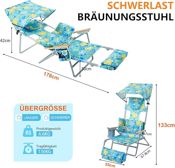 Oversized Heavy Duty Backpack Beach Chair with Sun Canopy Reclining Lounge Chair Tanning Chair with Face Hole 5-Position Foldable Camping Chair for Outdoor Sunbathing Beach Patio Pool (Yellow/Green)