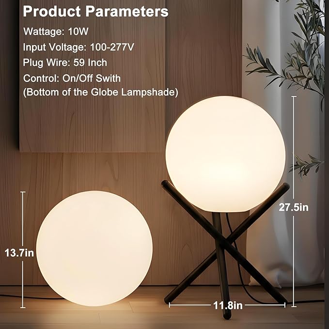 Lightdot Outdoor Floor Lamp 12-Inch LED Ball Light with Milky White Waterproof Shade - 10W 3000K Corn Globe Floor Lamps with Stable Black Tripod Base for Patio Garden Living Room Bedroom Plug&amp