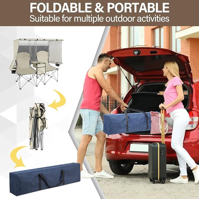BDL Double Camping Chair with Canopy Two Person Folding Loveseat with Shade Heavy Duty Beach Chair with Cooler Bag Cup Holder for Outside Fishing Sports Beach-White