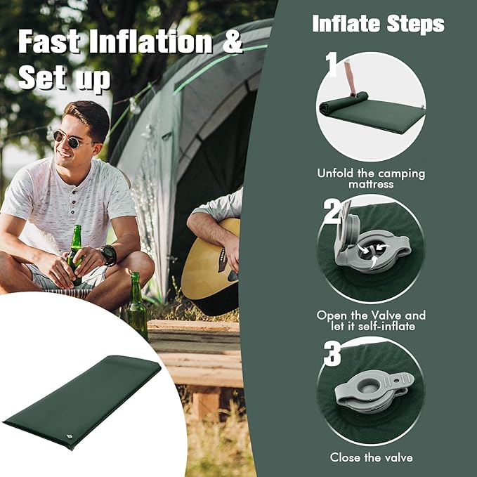 Tangkula Self Inflating Sleeping Pad 3 Inch Inflatable Camping Mattress Pad with 9.5R Value Insulated Foam Camping Mat with Pillow Lightweight Camp Sleep Pad for Backpacking Car Tent