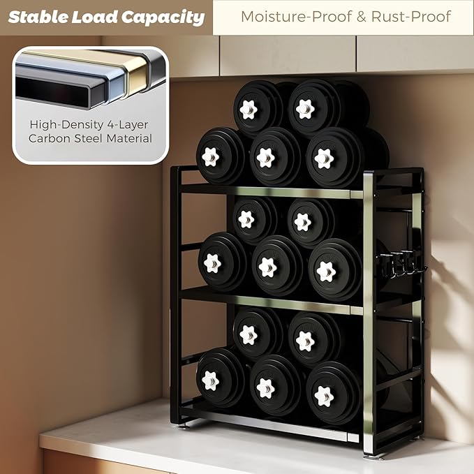 3-Tier Microwave Rack - Height Adjustable &amp Extendable Kitchen Shelf with Drawer - Carbon Steel - Includes Hooks &amp Reinforcement Suction Cups Baker's Rack (Black)