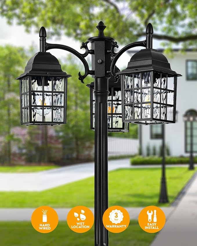 VIANIS Hardwired 3-Head Outdoor Lamp Post Light Fixture with Outlet Black Dusk to Dawn Outdoor Post Lights for Front Yard 100% Aluminum Waterproof Lamp Posts Outdoor Lighting for Backyard Street