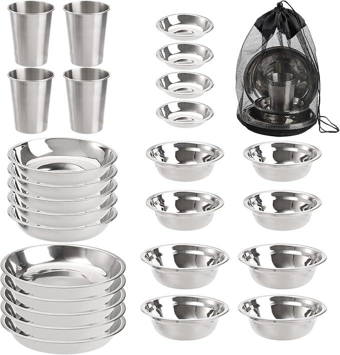 TOPZEA Set of 26 Stainless Steel Camping Plates and Bowls Camping Mess Kits Camping Dish Set Tableware Includes Plates Bowl Cups Stainless Steel Dinnerware for Camping Hiking Travel Picnic
