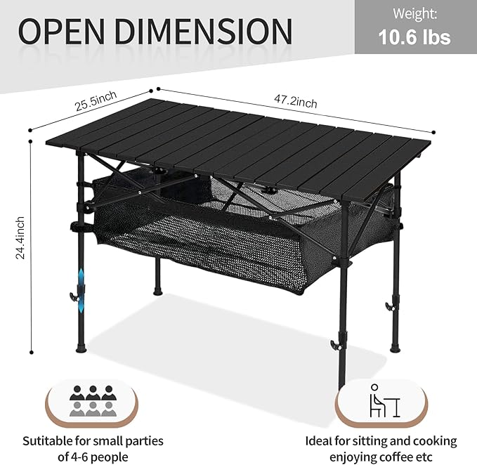 SHANQUAN Camping Table Roll up Table Fold up Lightweight Compact 4-6 Person Portable Adjustable Height Roll up Aluminum Table with Carry Bag for Outdoor Camping Picnic Backyards BBQ