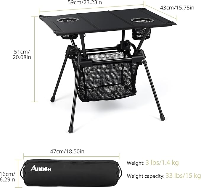 Anbte Ultralight Portable Camping Table 3.2lb Folding Camping Table with Cup Holders &amp Storage Net 20in Height for Camping Hiking Tailgating Beach Picnic Travel Patio 23 x 16 Black