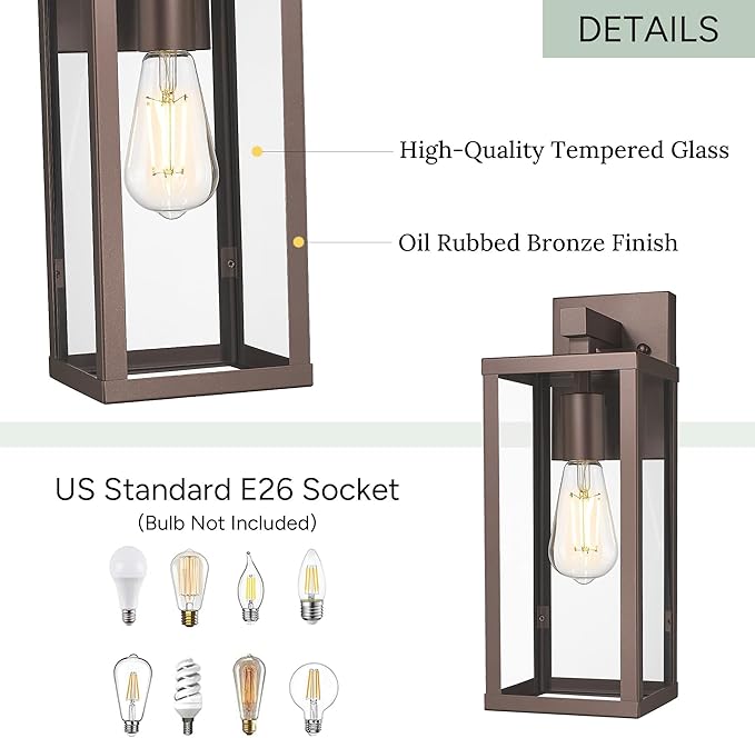 Outdoor Wall Light with Clear Glass Anti-Rust Exterior Wall Sconce Weather Resistant Outdoor Lantern Exterior Lighting for Porch Patio Garage Entryway (Oil-Rubbed Bronze 15.5Height-2 Pack)