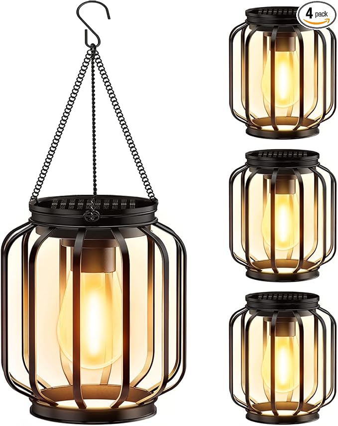 Solar Hanging Lanterns Outdoor Waterproof: 4 Pack Metal Solar-Powered Lights with Hook Bright Warm Lantern Decor for Outside Classic Outdoor Lighting for Yard Garden Patio Porch Balcony Decorations