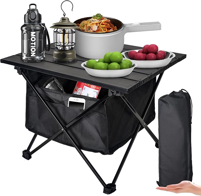 Foldable Camping Side Table Ultralight Small Beach Aluminum Portable Outdoor Table with Carry Bag and Storage for Picnic Grill Hiking Fishing Sand Camping Black
