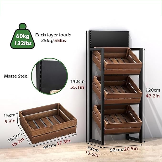 Commercial Supermarket Fruit &amp Vegetable Shelf 3/4 Tier Produce StorageLarge Capacity Retail Snack Rack Display With Wood Baskets Kitchen Onion Potato Produce(Black rack+brown box3 tier)