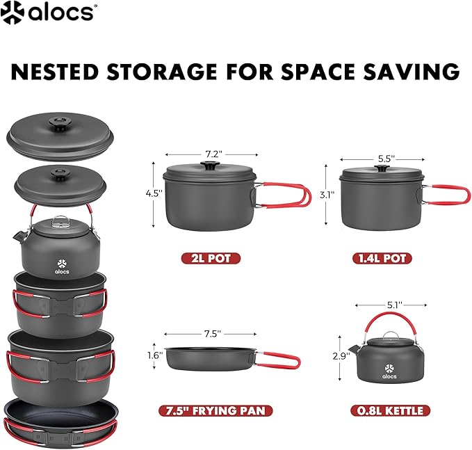 Alocs Camping Cookware Set Camping Gear Compact Camping Pots and Pans Set Durable Hard Alumina Camping Cooking Set for Outdoor Backpacking Camping Hiking Picnic Included Mesh Carry Bag