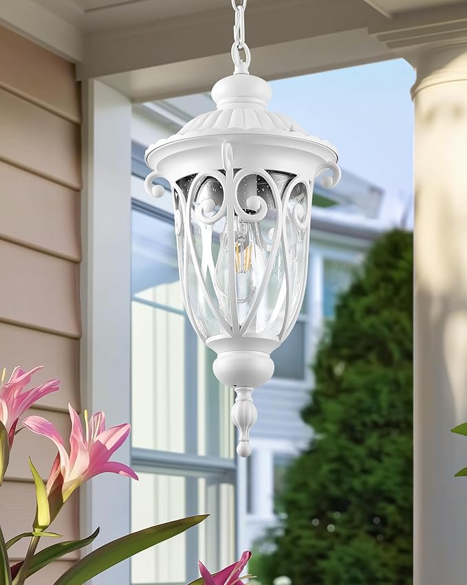VIANIS Large Outdoor Pendant Light Lantern White Modern Outdoor Chandelier Handcrafted Hanging Outdoor Lights with Seed Glass Outdoor Ceiling Lights for Porch House Doorway Garden Entryway