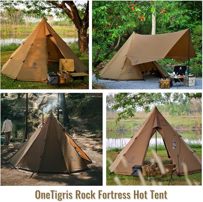 OneTigris Rock Fortress Hot Tent with Stove Jack 4 Season 4-6 Person Tipi for Camping Backpacking Hunting Fishing - Waterproof Wind-Proof