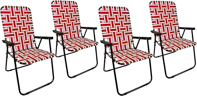 Lawn Chair Folding Steel Webbing Chaise Patio Lounger Seat Wood Handles Great for Camping Beach Fishing Backyard Stadium Pool Boating Sports and Lawn 4 Pack Red