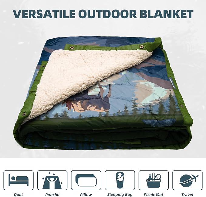 Outdoor Camping Blanket with Sherpa Lining Extra Warm Thick Camp Blankets and Puffy Ultralight Soft Poncho DWR Camping Quilt for Cold Weather Adventure Sleeping Backpacking 78x 56