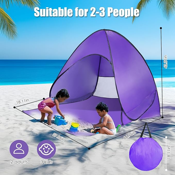 Pop Up Beach Tent Sun Shelter for 2-3 Person Sun Shelter with UPF 50+ &amp Lightweight Portable Beach Tent Easy Pop Up for Outdoor Camping Fishing