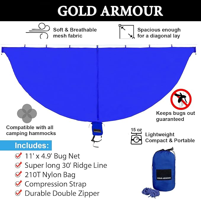 Gold Armour Camping Hammock with Bug Net - XL Double Hammock Portable Hammock Camping Accessories Gear Mosquito Bug Net Set for Outdoor Indoor USA Based Brand (Blue &amp Gray)