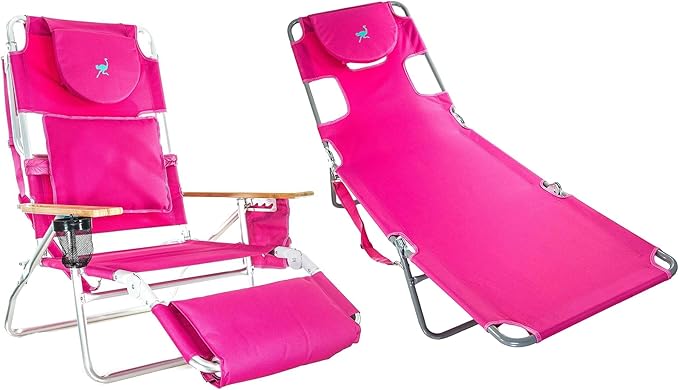 Ostrich Portable Deluxe 3-in-1 Padded Sports Chair w/5 Positions and Footrest &amp Chaise Lounge Folding Steel Frame Beach Chair w/4 Positions Pink