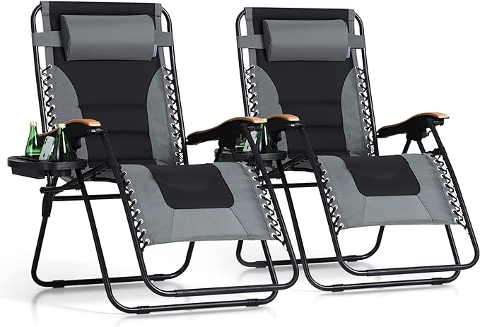 PHI VILLA XXL Oversized Padded Zero Gravity Chair Set of 2 Foldable Patio Recliner 30 Wide Seat Anti Gravity Lounger with Armrest and Cup Holder Support 400 LBS (Grey)