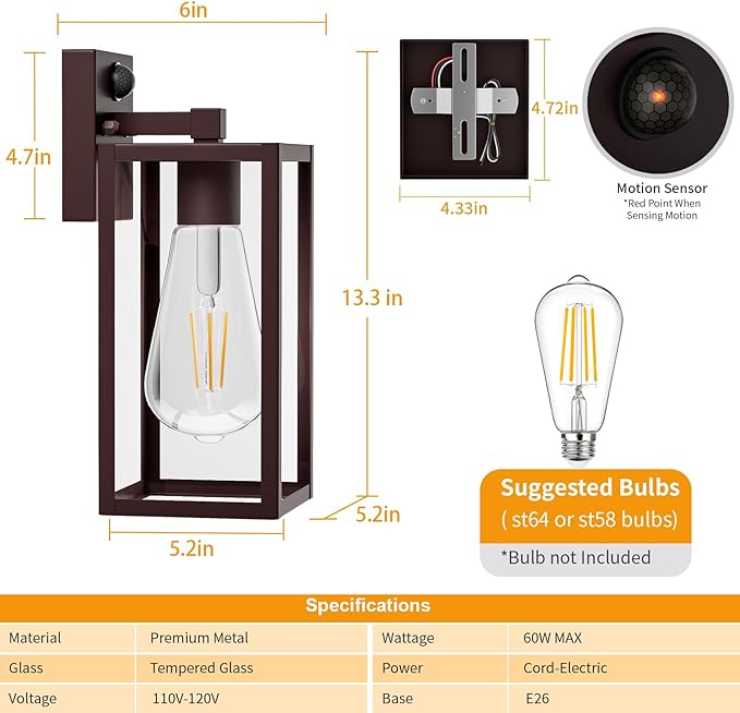 13'' Oil Rubbed Bronze Motion Sensor Outdoor Light Fixtures Wall Mount Large Front Porch LightsDusk to Dawn Exterior Wall Sconce Waterproof Lantern LampOutside Coach Light for HouseGarageYard