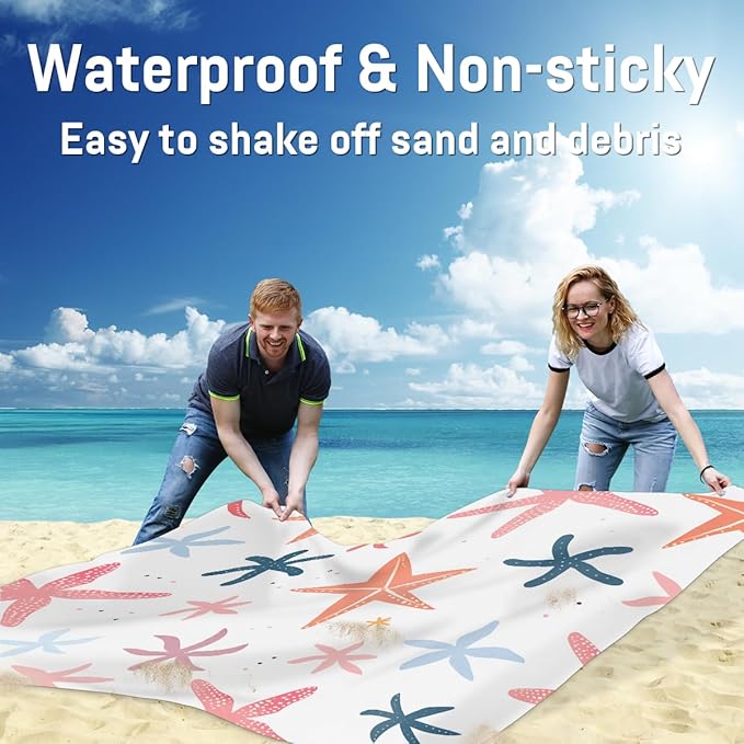 Waterproof Sandproof Beach Blanket 59''×68'' Starfish Polyester Outdoor Picnic Blanket with 4 Stakes &amp Storage Bag for BeachCampingVacation White Background