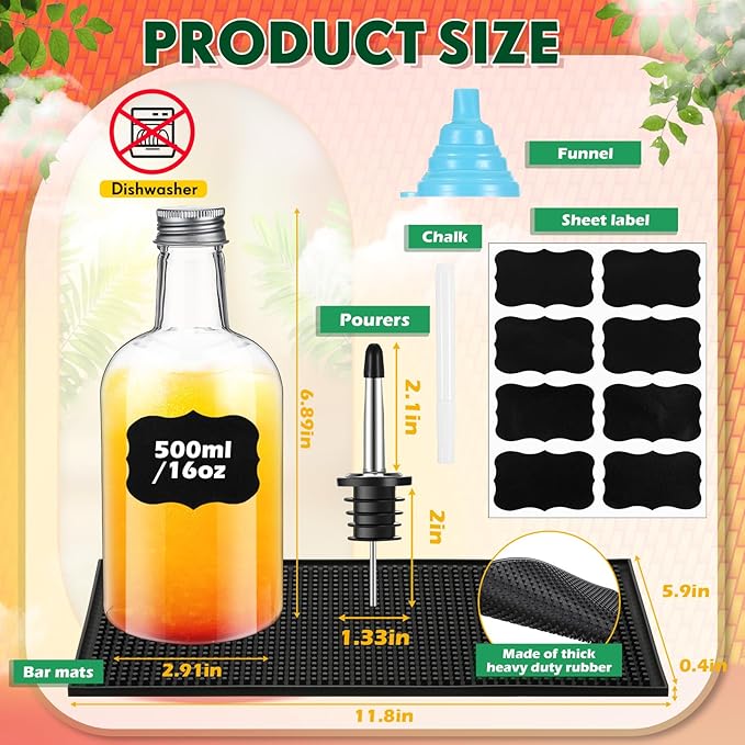 6 Sets 16 oz Plastic Long Neck Bottles with Pourers Caps Mats for Bartending Plastic Bar Caddy Organizer for Bar Supplies Liquor Juice Store Syrup Bottles Pourers