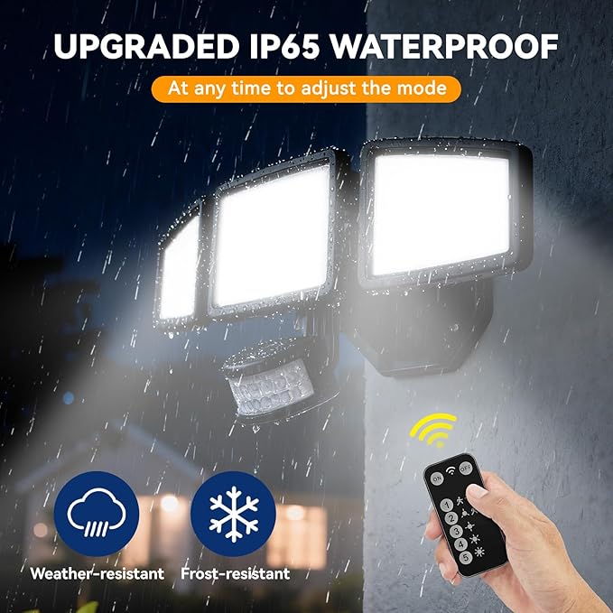 LED Security Lights Motion Sensor Light Outdoor 7000LM 6500K Waterproof Flood Light Outdoor Motion Detector with Adjustable 3 Head Hardwired Wall Light for Entryway Yard Garage