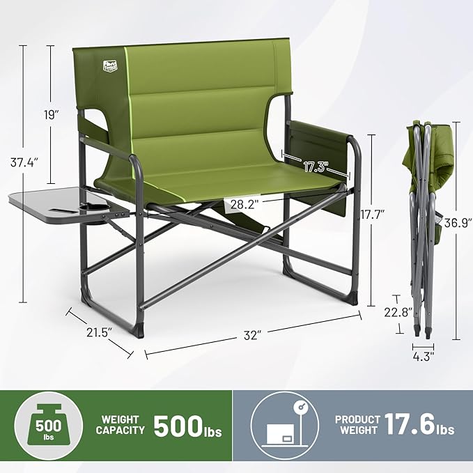 TIMBER RIDGE XXL Director’s Chair – Heavy Duty Folding Chair with Side Table 500 lb Capacity Extra Wide Padded Seat for Camping Sports Beach Patio and Outdoor Use Green-2 Pack