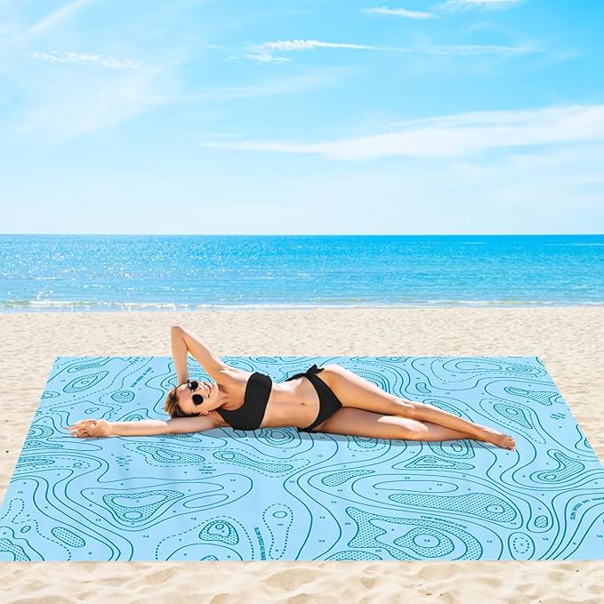 Beach Blanket Waterproof Sandproof 78”x 86” Large Sand Free Beach Mat with 4 Stakes &amp Portable Bag Big Flodable Compact Outdoor Pockets Picnic Blanket