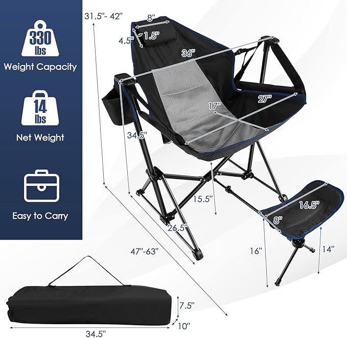 Giantex Outdoor Hammock Camping Chair - Rocking Chair with Removable Footrest Adjustable Backrest Pillow Cup Holder Storage Bag Portable Fishing Chair for Poolside Patio Folding Chair (1 Black)