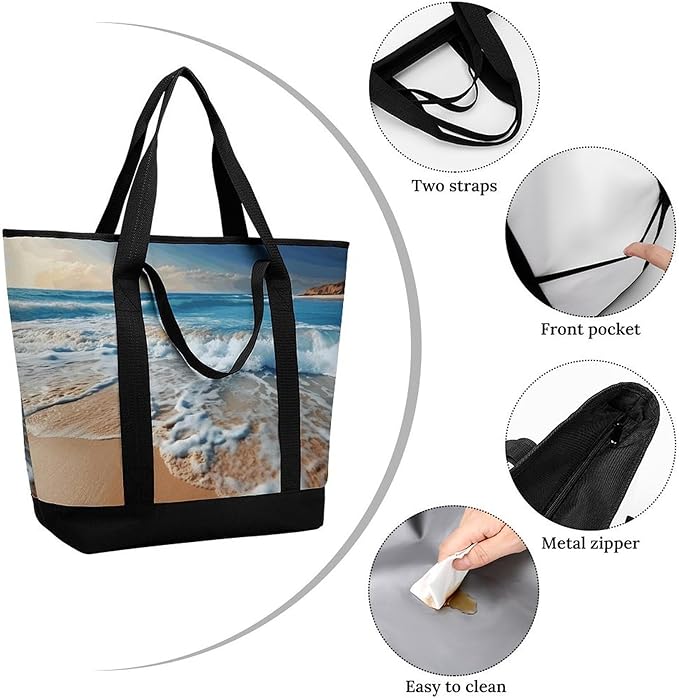 Insulated Shopping BagLarge Reusable Cooler Bags Blue Sea Sandy Beach Printed Foldable Shopping BagTravel Waterproof Shoulder Bag
