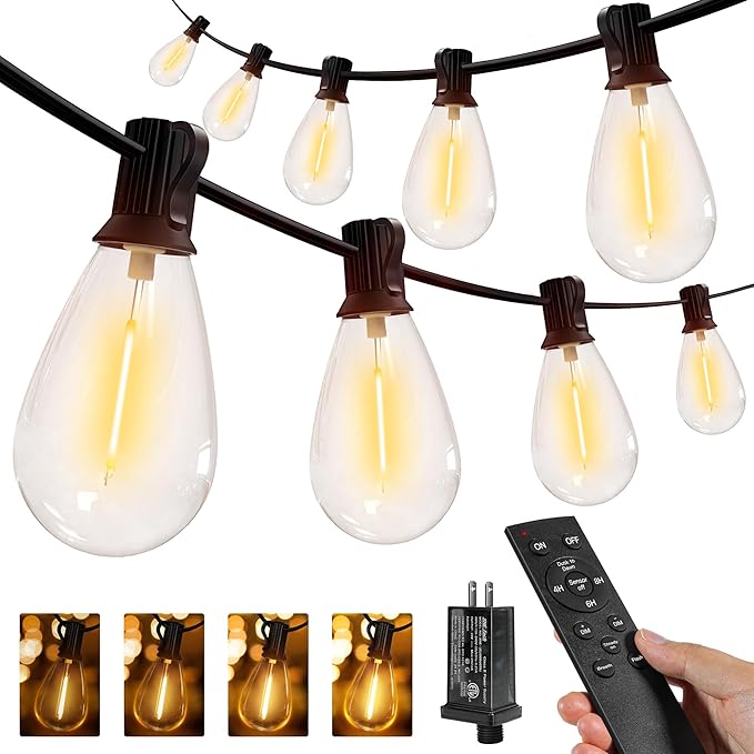 Ollny S11 100FT Outdoor String Lights with Remote Plug in Waterproof Connectable 3 Modes Dimmable Timers Patio Lights with 48+2 LED Spare Bulbs Dusk to Dawn Outdoor Light for Outside Bistro Yard