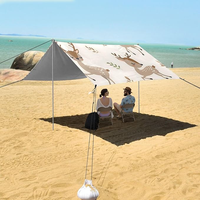 Seamless Pattern with Cartoon Deer Camping Sun Shelter Beach Tent Portable Beach Sun Shade Outdoor Canopy for Camping Trips Fishing Picnic