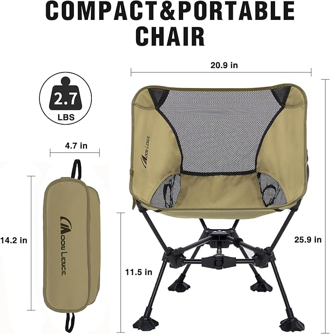 MOON LENCE Portable Camping ChairLightweight Backpacking Hiking ChairsCompactFoldablewith Anti-Sinking Large Feet for Beach330 lbs Capacity (Khaki Standard)