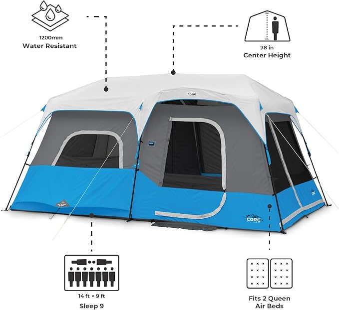 CORE Instant Cabin Tents with LED Lights | 6 Person / 9 Person / 12 Person Family Multi Room Lighted Pop Up Tents for Camping | Included Storage Pockets for Camping Accessories