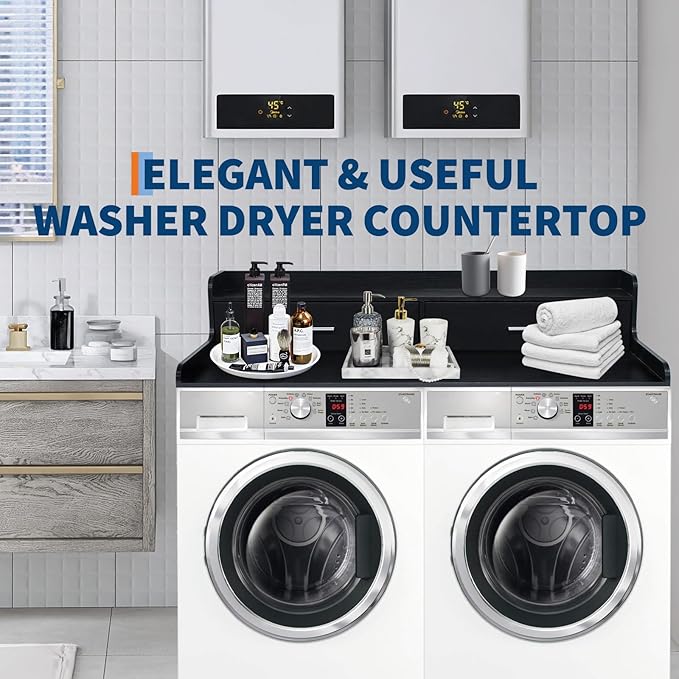 Laundry Countertop for Washer and Dryer 54''W x 27.55''D with 2 Storage Drawers &amp Edge Rails Black MDF Top for Laundry Room Organization