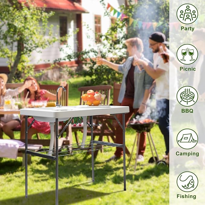 VINGLI Folding Fish Cleaning Table with 2 Sink Outdoor Portable Camping Table with Grid Rack &amp Sprayer Cutting Table with Drainage Hose Stainless Steel Faucet for Patio Backyard BBQ