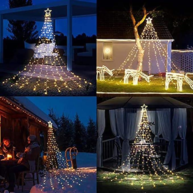 PUHONG Christmas Decoration Outdoor Star String Lights Christmas Tree Toppers Lights 320 LED 8 Modes with 12 Lighted Star for Halloween Christmas New Year Holiday Birthday Decor (Warm White)
