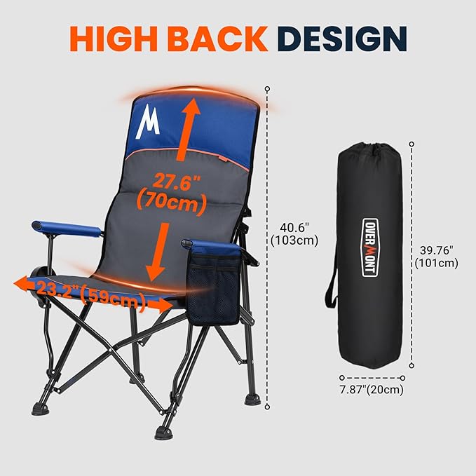 Overmont Camping Chair with Lumbar Support for Adults - Oversized with High Back Supports 450 LBS - Heavy Duty Folding Chair Portable for Outdoor Lawn Patio Balcony with Patent No.: US D1.028.543 S