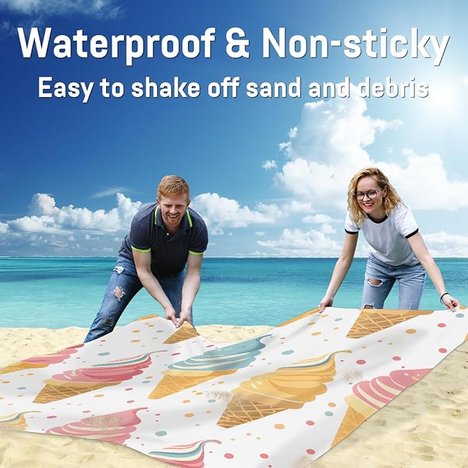 Waterproof Sandproof Beach Blanket 59''×68'' Ice Cream Polyester Outdoor Picnic Blanket with 4 Stakes &amp Storage Bag for BeachCampingVacation White Background
